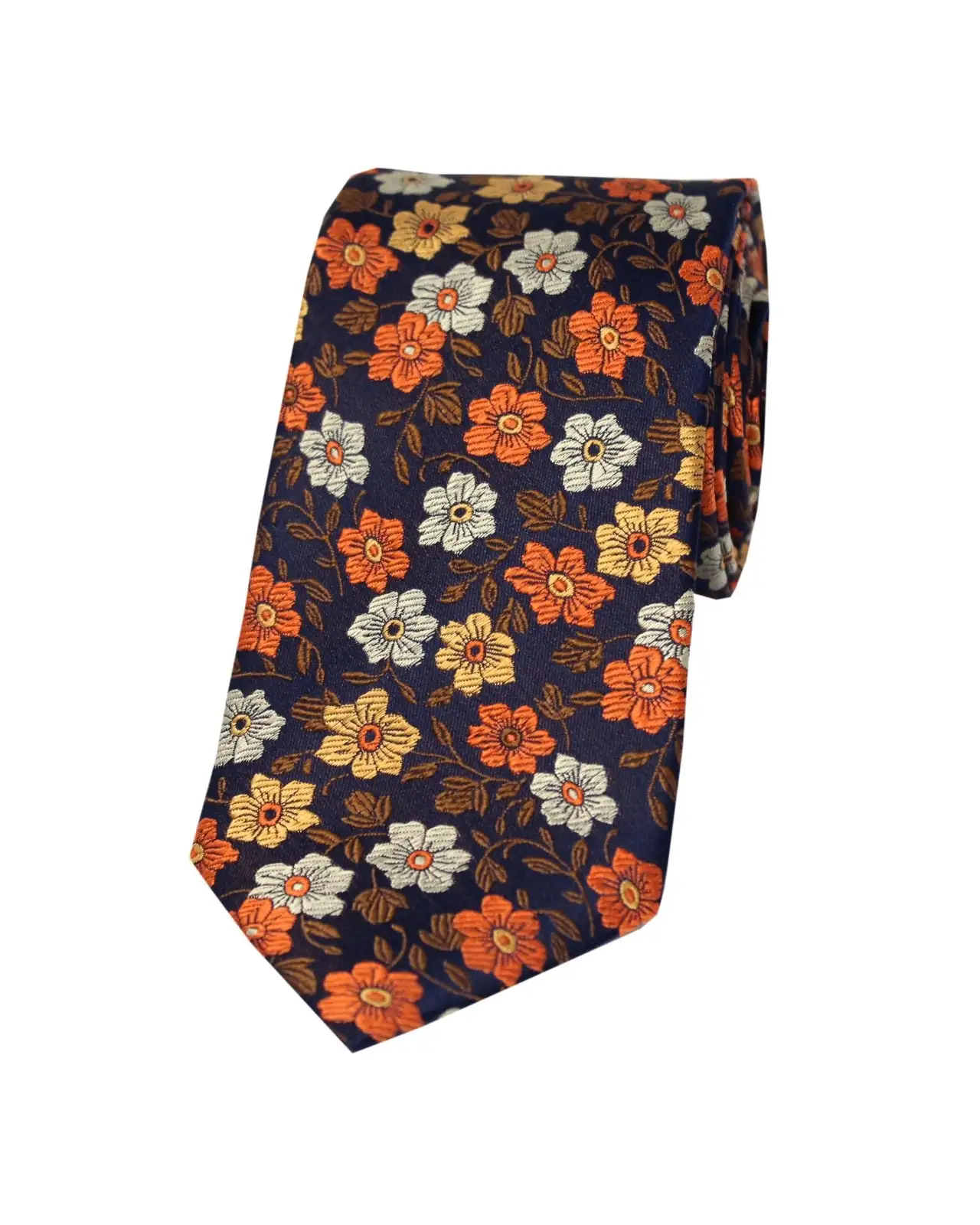 Silk Ties Soprano Ties Soprano Dark Navy Ground With Orange Bronze Ivory Flowers And Brown Leaves Pattern Silk Tie £22.00
