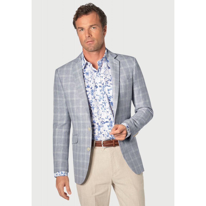 Jackets Brook Taverner Tailored Fit Pigott Silver Blue Check Linen Blend Jacket £161.00