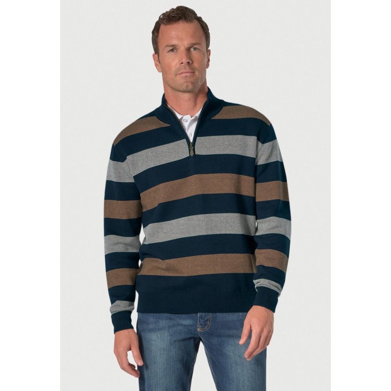 Jumpers Brook Taverner Woodbridge Navy Stripe Zip Neck Cotton Jumper £62.00