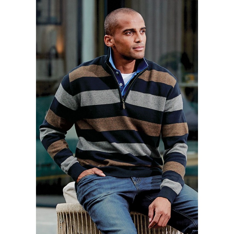 Jumpers Brook Taverner Woodbridge Navy Stripe Zip Neck Cotton Jumper £62.00