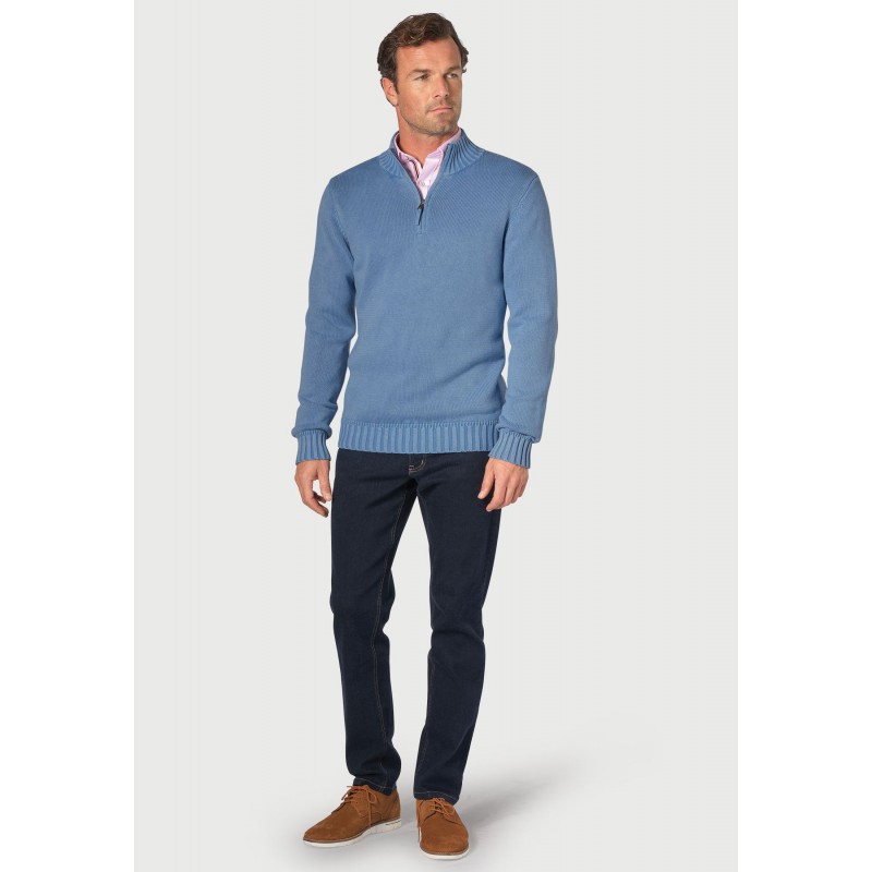 Jumpers Brook Taverner Edmonds Blue Washed Cotton Zip Neck Jumper £80.00