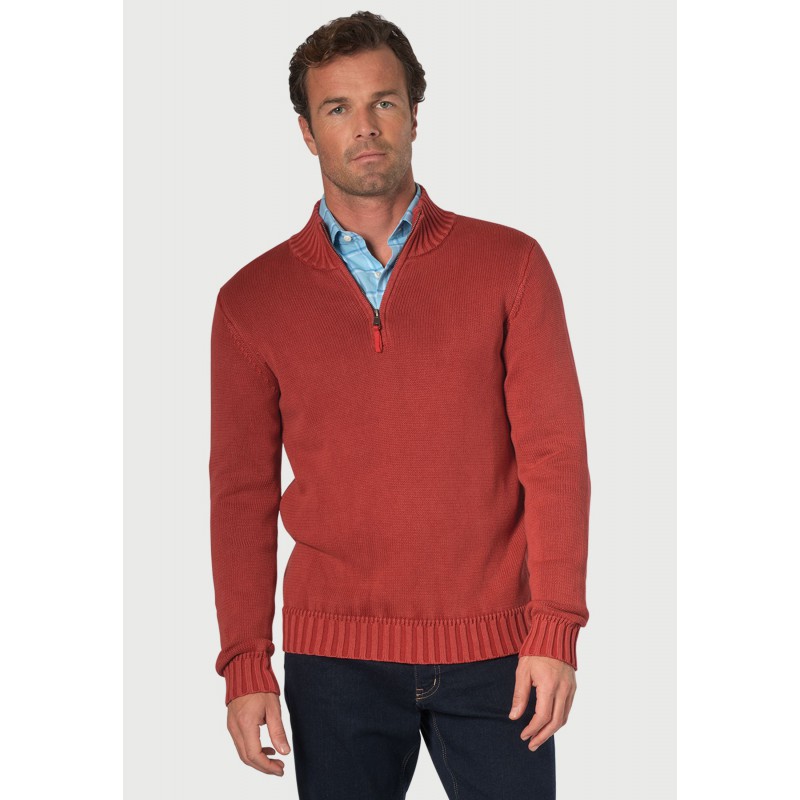 Jumpers Brook Taverner Edmonds Red Washed Cotton Zip Neck Jumper £80.00