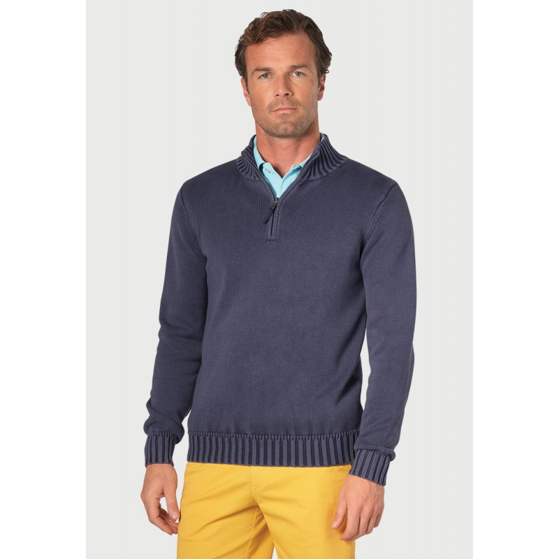 Jumpers Brook Taverner Edmonds Navy Washed Cotton Zip Neck Jumper £80.00