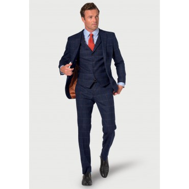 Silk Hankies Brook Taverner Tailored Fit Frost Dark Navy Check Wool Waistcoat £89.00