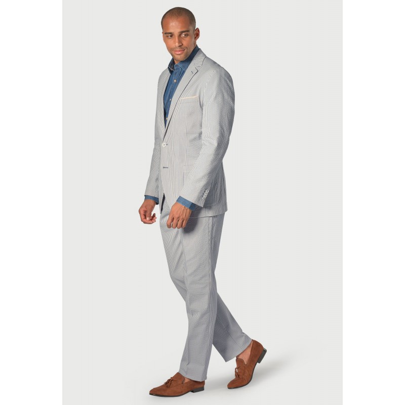 Suit Trousers Brook Taverner Tailored Fit Drewett Blue Stripe Cotton Stretch Seersucker Trouser Suit £178.00