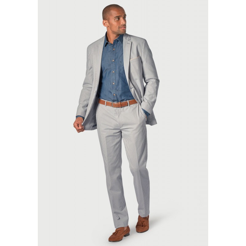 Suit Trousers Brook Taverner Tailored Fit Drewett Blue Stripe Cotton Stretch Seersucker Trouser Suit £178.00