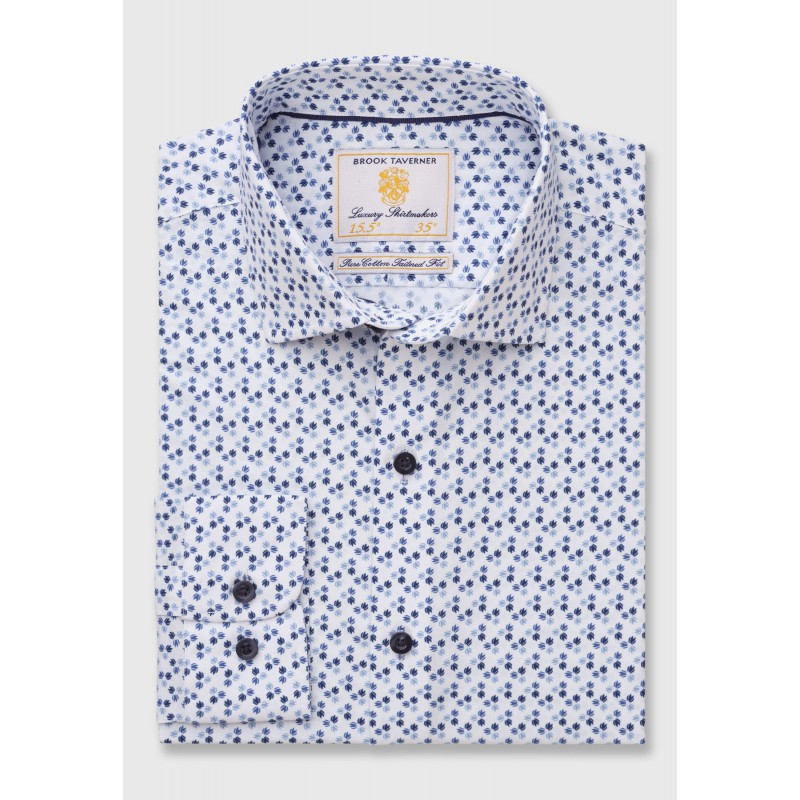 Business Casual Shirts Brook Taverner Tailored Fit White With Navy Print Business Cotton Shirt £71.00