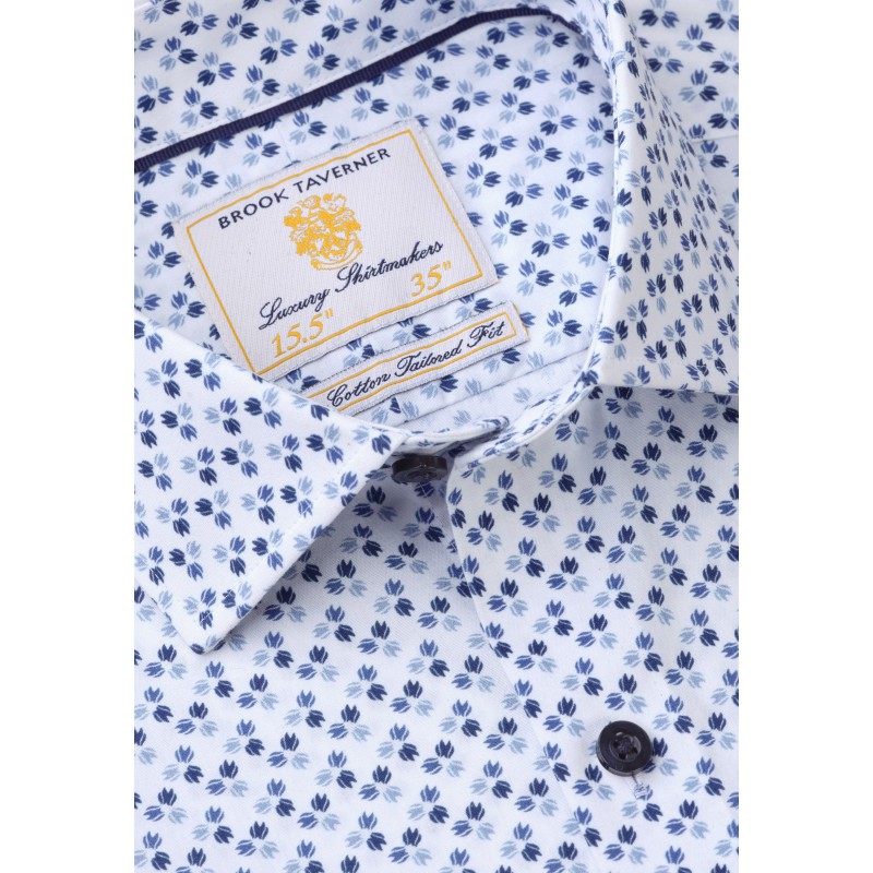 Business Casual Shirts Brook Taverner Tailored Fit White With Navy Print Business Cotton Shirt £71.00