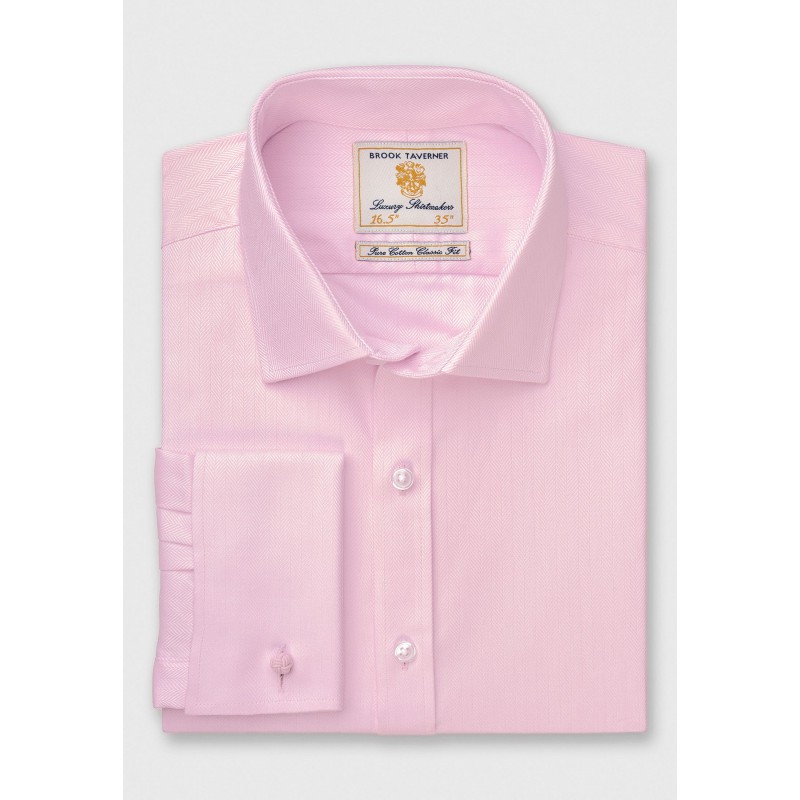 Easycare Shirts Brook Taverner Regular Fit Pink Herringbone Double Cuff Cotton Shirt £45.00