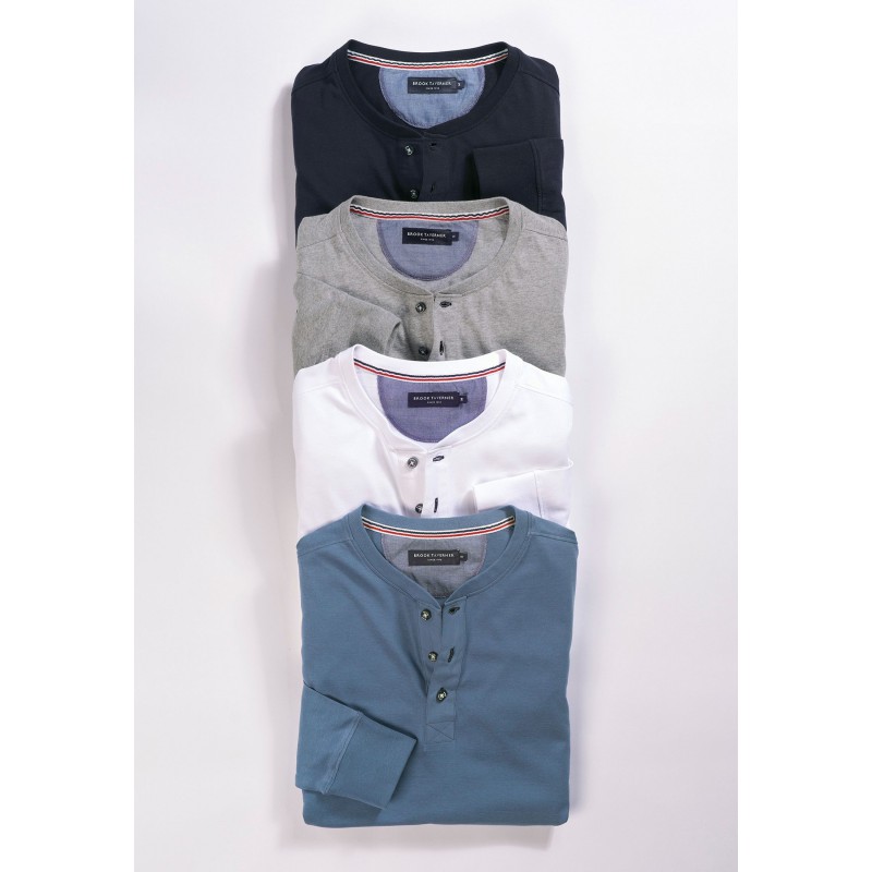 T-Shirts Brook Taverner Holkham Airforce Blue Pure Cotton Long Sleeve Henley T-Shirt £36.00