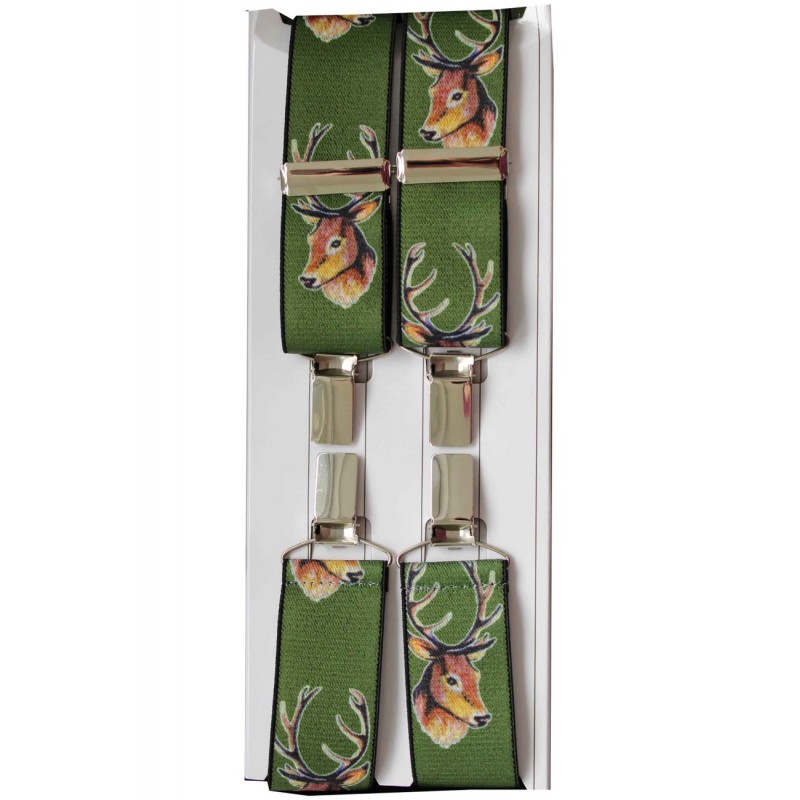 Braces Soprano Ties Green Stags Head Trouser Brace 35Mm Wide Elastic X Back 4 Clip Braces £23.00