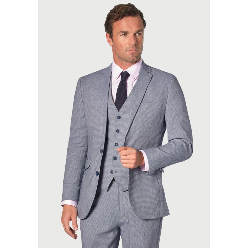 Three Piece Suits Brook Taverner Tailored Fit Anderson Blue Puppytooth Cotton Linen Suit - Waistcoat Optional £214.80