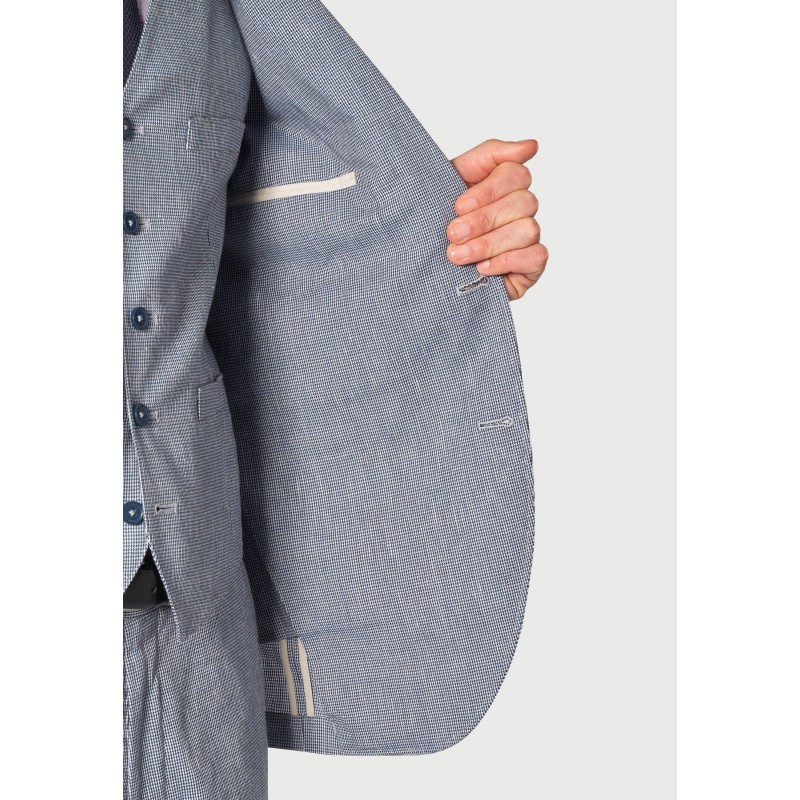 Three Piece Suits Brook Taverner Tailored Fit Anderson Blue Puppytooth Cotton Linen Suit - Waistcoat Optional £214.80